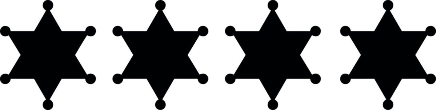 Sheriff star badge vector icon set featuring black six pointed cowboy law enforcement authority silhouettes