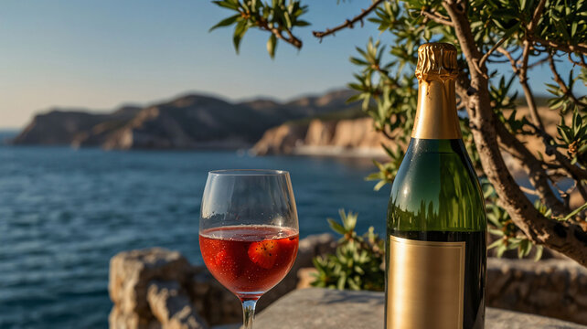 Elegant glass of sparkling ros&eacute; wine and champagne bottle overlooking a scenic Mediterranean coastline at golden hour.