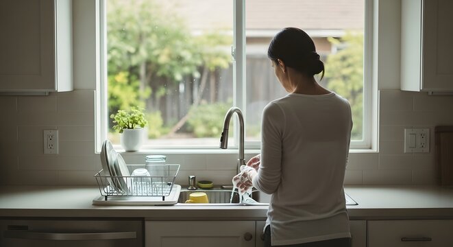 Woman washing dishes at kitchen sink looking out window at green garden