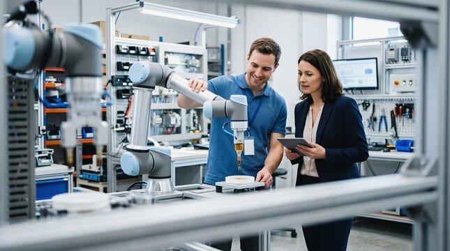 Professional Engineers Working with Collaborative Robotic Arm in Modern Automated Manufacturing Facility