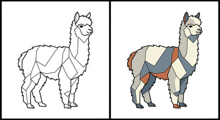Obraz premium Geometric alpaca standing coloring comparison.