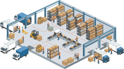 Isometric warehouse logistics set with workers loading trucks sorting boxes using forklift delivery transport interior illustration vector © MdBarat