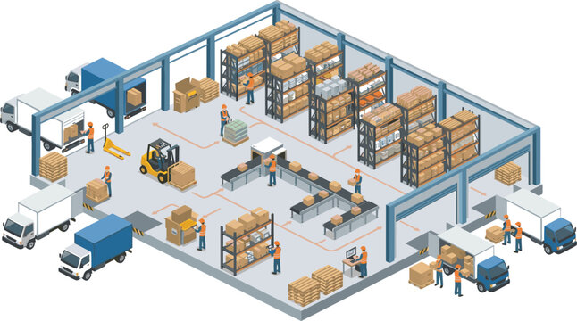 Isometric warehouse logistics set with workers loading trucks sorting boxes using forklift delivery transport interior illustration vector