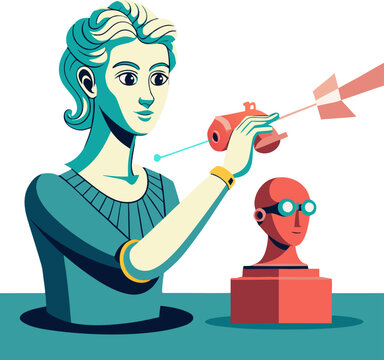 Cybernetic Sculpting Hand: A minimalist robotic hand carefully sculpting a classic clay human bust with a glowing laser beam.