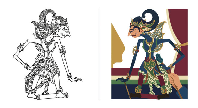 Indonesian wayang kulit shadow puppet illustration.