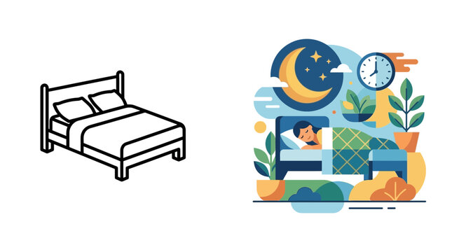 Isometric bed outline and sleeping person night scene illustration.