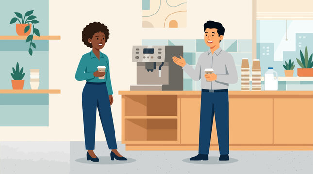A vibrant flat design illustration depicting two diverse office workers enjoying a cheerful coffee break and conversation in a modern pantry setting.