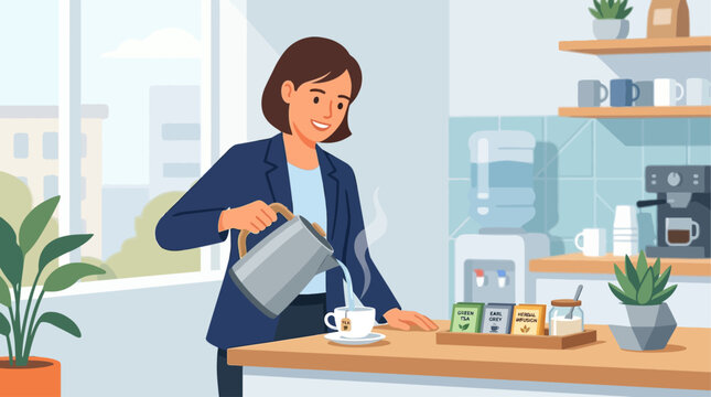 This flat design illustration shows a focused female employee preparing a warm cup of tea during a relaxing break in a modern, well-equipped office pantry.
