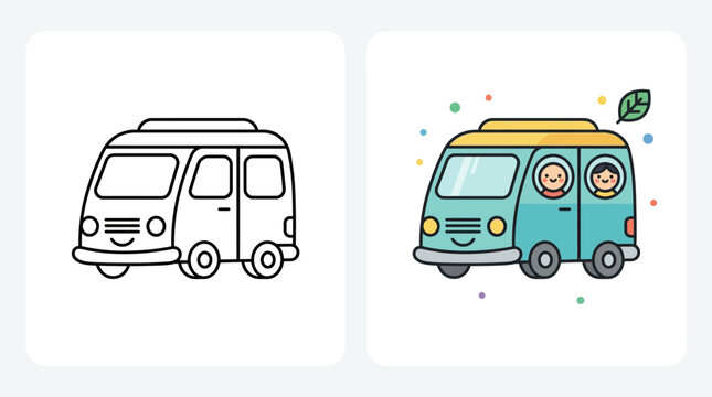Kawaii camper van character with line art version