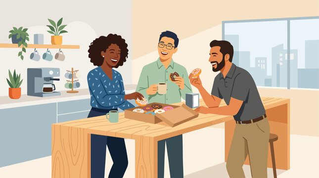 This cheerful flat design illustration depicts a diverse team of colleagues happily sharing donuts and laughter during a casual break in a modern office pantry.