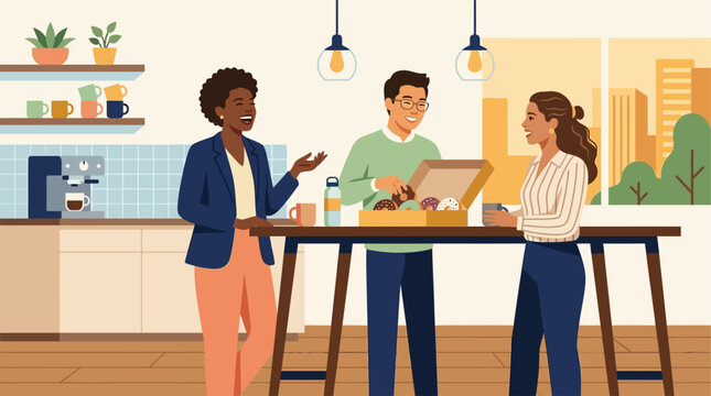 This cheerful flat design illustration depicts a diverse team of colleagues happily sharing donuts and laughter during a casual break in a modern office pantry.