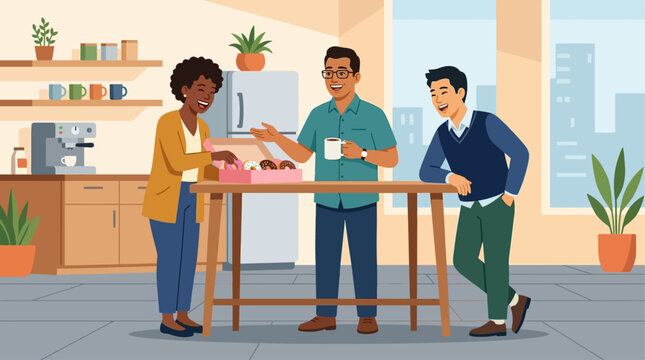 This cheerful flat design illustration depicts a diverse team of colleagues happily sharing donuts and laughter during a casual break in a modern office pantry.