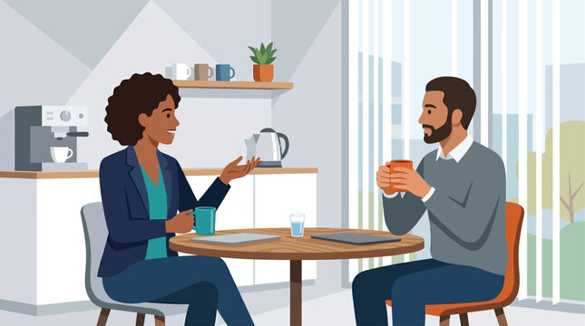 This flat design illustration portrays two colleagues having an informal yet focused discussion over coffee, utilizing the office pantry as a casual meeting space.