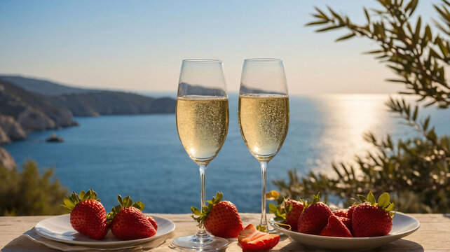 Glasses of sparkling wine and fresh strawberries on a table overlooking a scenic coastal landscape at sunset. Romantic luxury travel and lifestyle concept 