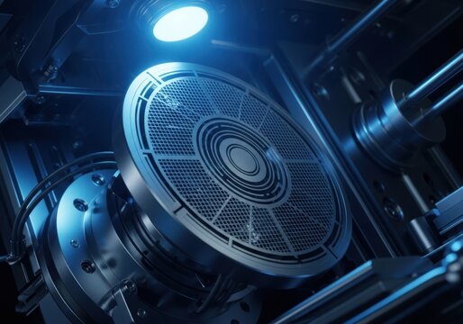 Futuristic industrial machinery component with intricate circular grid design and metallic texture illuminated by cool blue light in a hightech facility