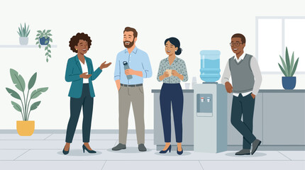 Obraz premium A lively flat design illustration showing diverse employees enjoying friendly small talk and laughter around a water cooler in a modern office pantry.