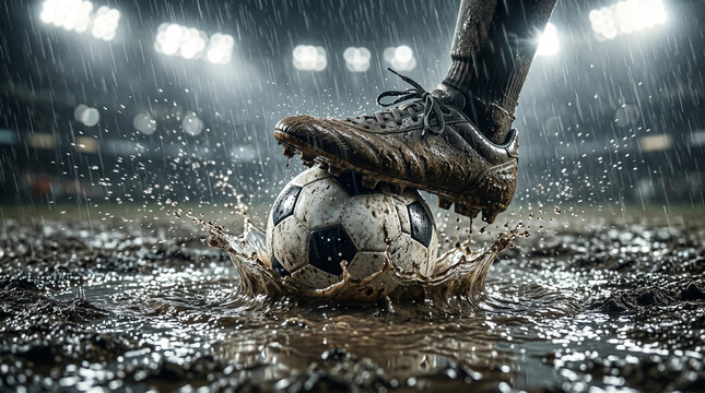 Close up shot of professional soccer player leg stepping on football in mud and rain splash at a floodlit stadium at night