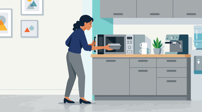 A functional flat design illustration shows an employee efficiently heating their meal in a modern microwave within a clean office pantry during a break.