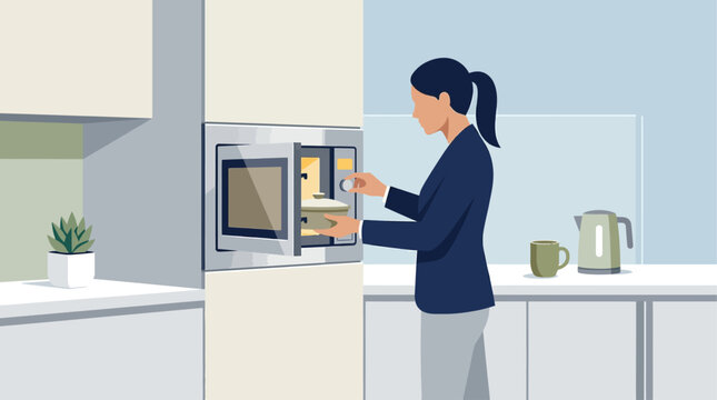 A functional flat design illustration shows an employee efficiently heating their meal in a modern microwave within a clean office pantry during a break.
