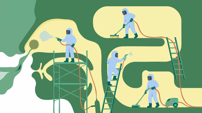 Industrial cleaning and decontamination by workers in protective suits