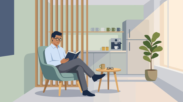 This serene flat design illustration portrays a male employee finding a peaceful moment to relax and read a book in a quiet, stylish corner of the office pantry.