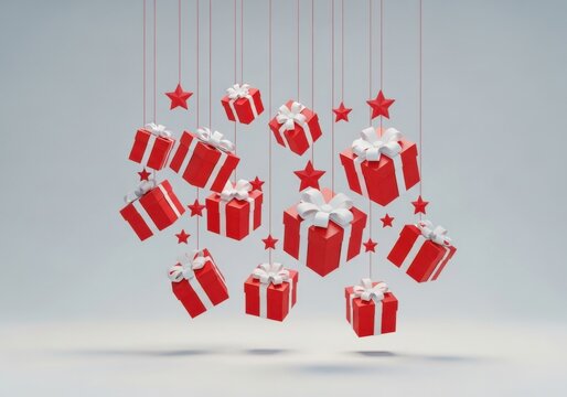 3d render of red gift boxes with white ribbons hanging on strings against a light grey background