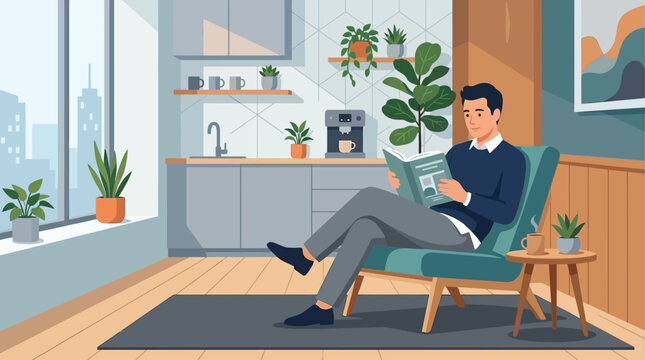 This serene flat design illustration portrays a male employee finding a peaceful moment to relax and read a book in a quiet, stylish corner of the office pantry.