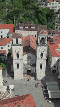 A drone takes off from the Cathedral of Saint Tryphon, the main landmark in the old town of Kotor, Montenegro
