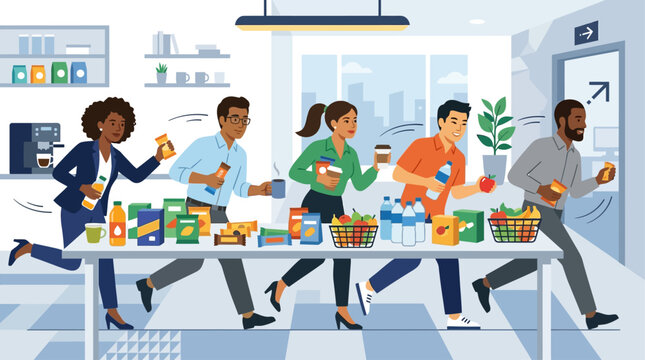 This dynamic flat design illustration shows a diverse office team swiftly grabbing snacks and drinks from a well-stocked pantry during a brief, efficient break before resuming work.