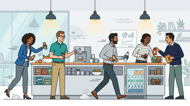 This dynamic flat design illustration shows a diverse office team swiftly grabbing snacks and drinks from a well-stocked pantry during a brief, efficient break before resuming work.