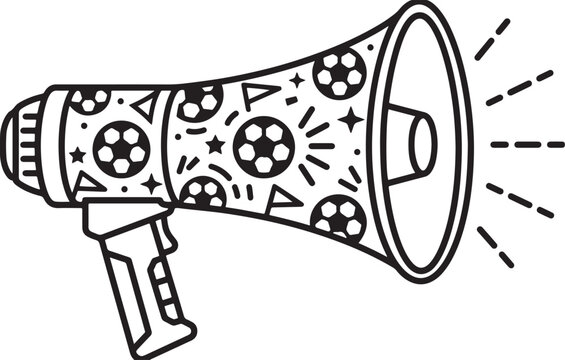 Detailed black and white vector illustration of a megaphone decorated with soccer ball pattern designs