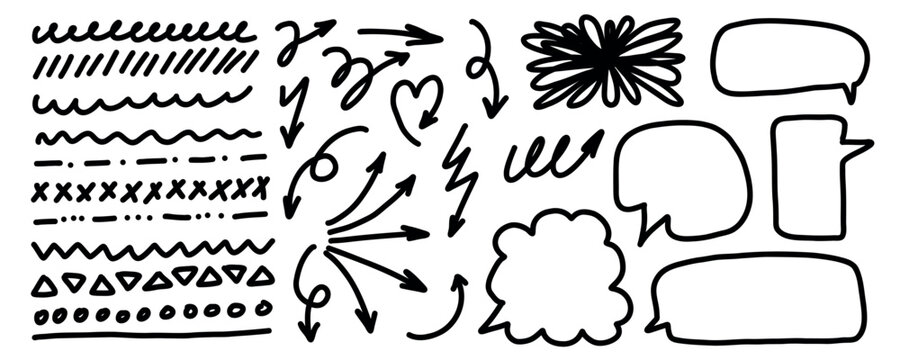 Hand drawn doodle element collection featuring arrows, speech bubbles, scribbles, frames, decorative lines, symbols, and sketch shapes.