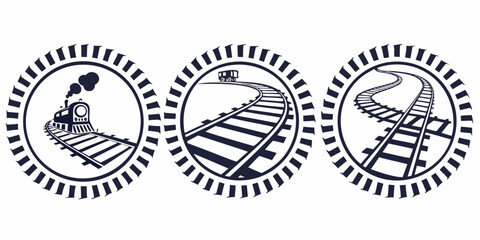 Set of three circular icons featuring steam train and winding railway tracks in flat black and white graphic style locomotive transportation © AF