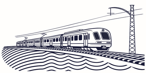 Modern commuter train on electric railway track over stylized water waves graphic illustration with locomotive electric transportation commuter © AF