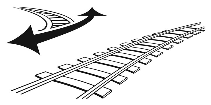 Graphic illustration of curved railway tracks and directional arrows representing alternative routes or diverging paths with direction, divergence