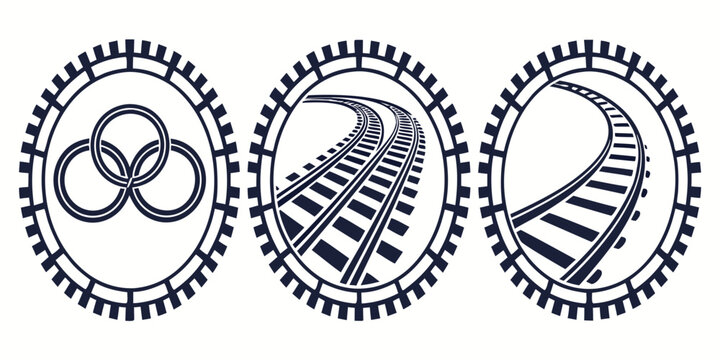 Set of three decorative oval icons with railway tracks and interlocking rings as conceptual design elements connection interlocking transportation