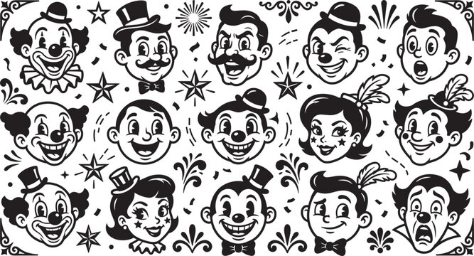 Vintage circus characters and retro cartoon clown faces collection set with smiles expressions stars and ornaments black and white vector line art (২২টি শব্দ)