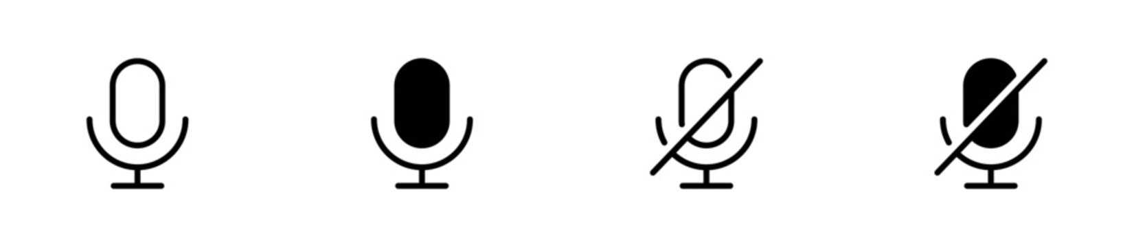 Microphone and Mute Icon Set. Audio Input Control, Sound Recording and Mute/Unmute Function Icons. Vector Illustration.