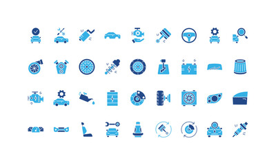 Car parts glyph icons set with engine, battery, steering wheel, suspension, exhaust, dashboard and repair tools for automotive service and maintenance isolated solid symbol vector illustration © Icon Majesty