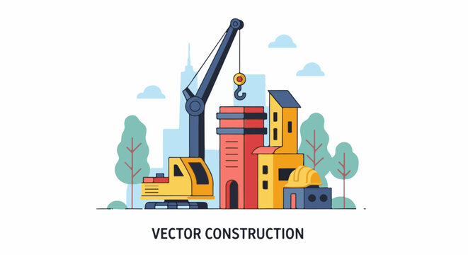 Colorful illustration of a construction site with a crane and buildings