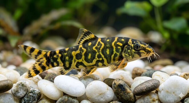  A high-quality macro shot of a vibrant Botia kubotai fish showcasing beautiful golden spots while swimming over clean pebbles in a pristine freshwater aquarium.