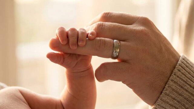 Newborn hand gripping godparent finger at baptism