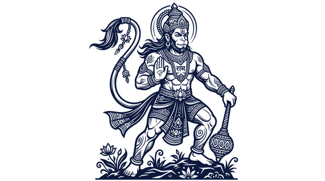 Hindu god hanuman standing with mace in blessing pose