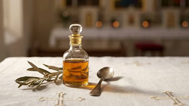 Glass vessel of holy chrism oil on altar cloth