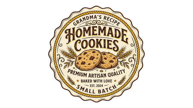 Vintage homemade cookie badge logo with chocolate chips and wheat