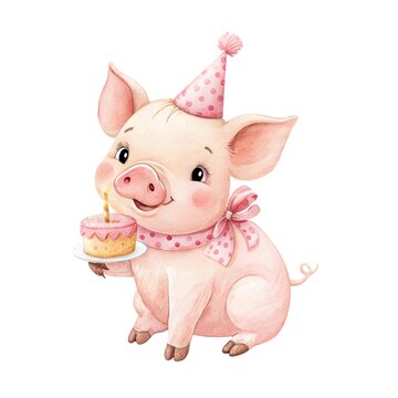 Watercolor illustration of a cute little piglet wearing a pink polka-dot party hat and scarf, holding a birthday cake isolated on white