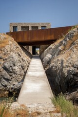 Fototapeta premium A structure is prominently situated atop a rugged pathway that gracefully descends towards a serene body of water, basking in the warmth of the sun on an idyllic island