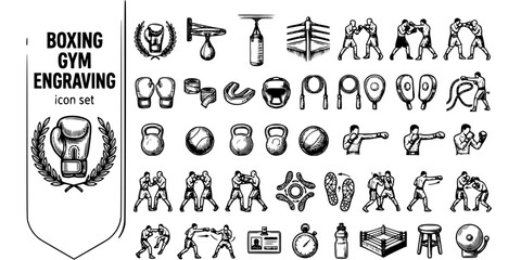 Fototapeta premium Boxing Gym Engraving Black White-Speed Bag Heavy Station Ring Corner-Combat Vector-Boxing Icon Engraving-Gym Fitness Design Set