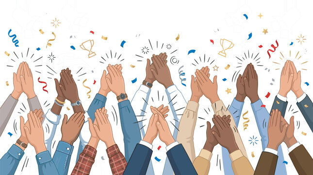 Diverse crowd hands clapping and high five vector set with confetti, multiethnic business people applauding celebration, appreciation, success and achievement concept isolated illustration.