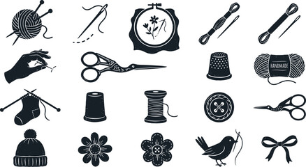 Handmade sewing and knitting black silhouette icons set featuring yarn balls, embroidery hoop, sewing thread spools, needles, scissors, and craft accessories on white background © Malati